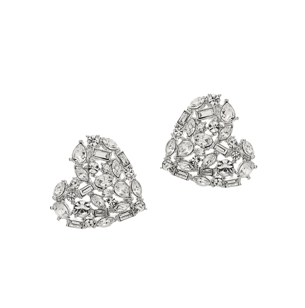 Oscar de la Renta Silvertone & Glass Crystal Heart Earrings