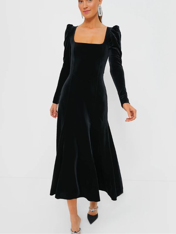 GANNI Black Velvet Jersey Puff Sleeve Maxi Dress