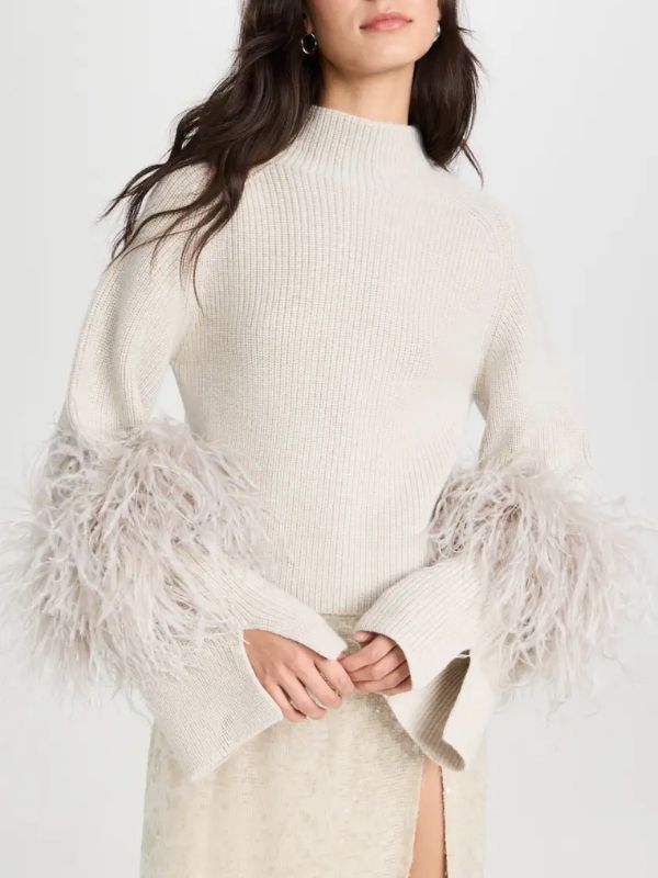 Merino Wool Cropped Raglan Slit Sleeve with Ostrich Feathers