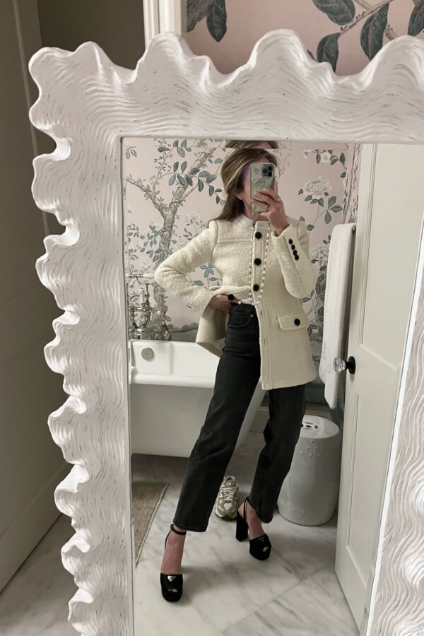 This jacket! Chic for dinner and daytime too. Wearing size 0, took the belt off! Jeans are 24 regular! 27 inch inseam, on major sale. Search my LTK shop with the word Everlane to get ideas on how to style - I have worn these SO much!
