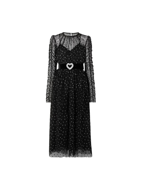 REBECCA VALLANCE Whitney belted metallic polka-dot flocked tulle dress