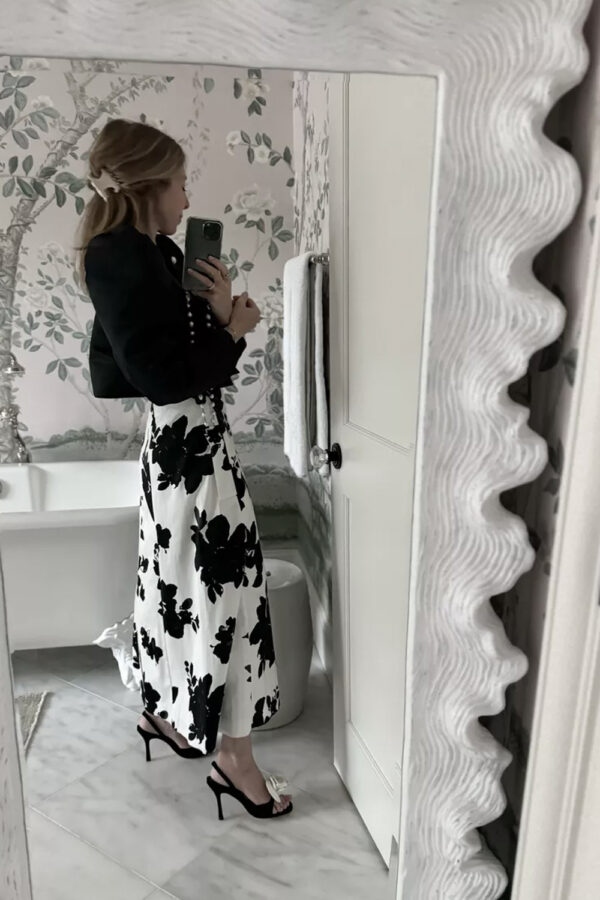 black and white spring outfit with skirt and cardigan