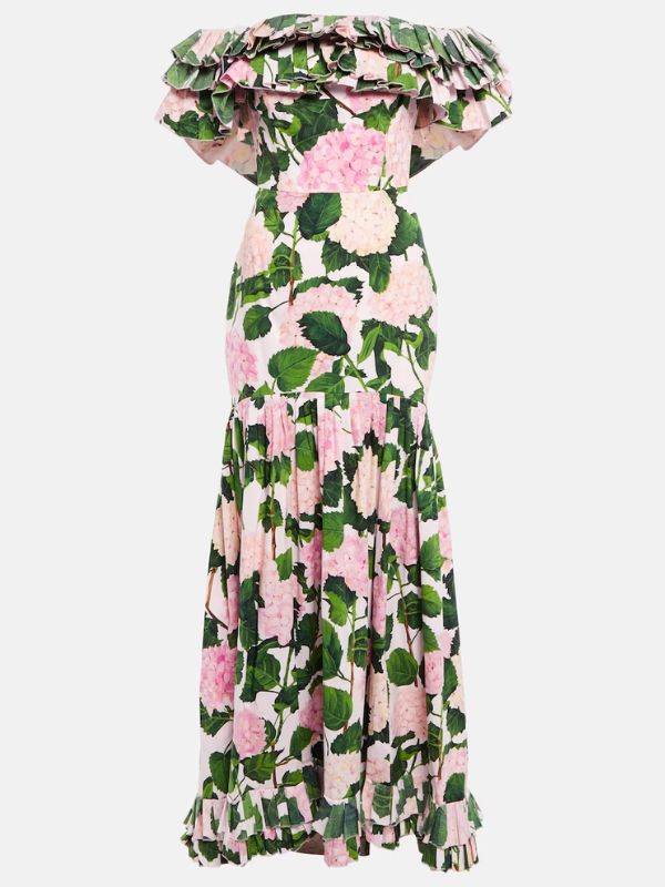 OSCAR DE LA RENTA green and pink Floral ruffled gown