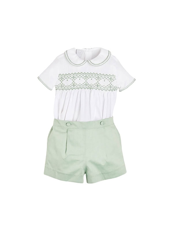 PEPA LONDON Handsmocked Peter Pan Collar Short Sleeve Two Piece Set, Green