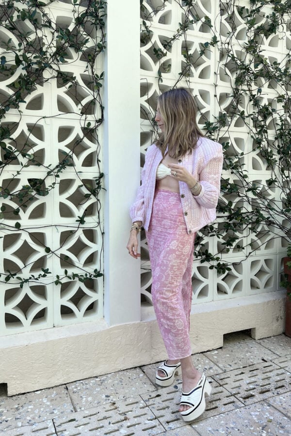 wearing pink pareo and jacket from Julia Amory