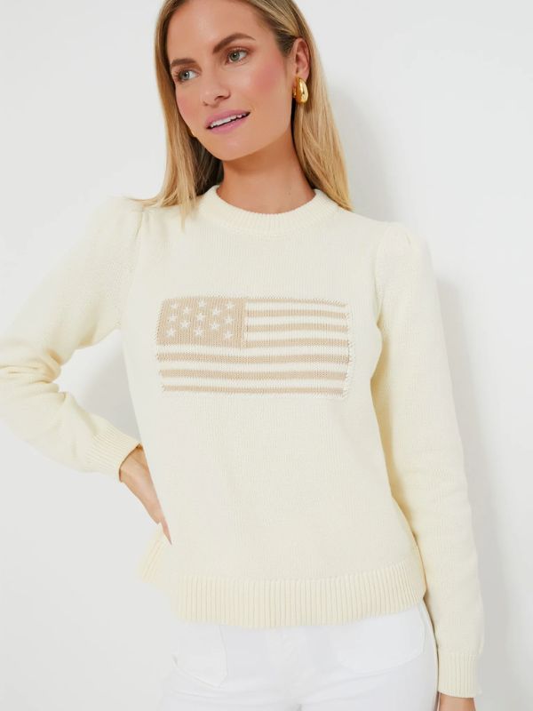 TUCKERNUCK Ivory and Sandstone Cropped Puff Sleeve Americana Sweater