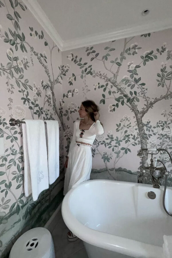wearing free people set in bathroom with floral wallpaper