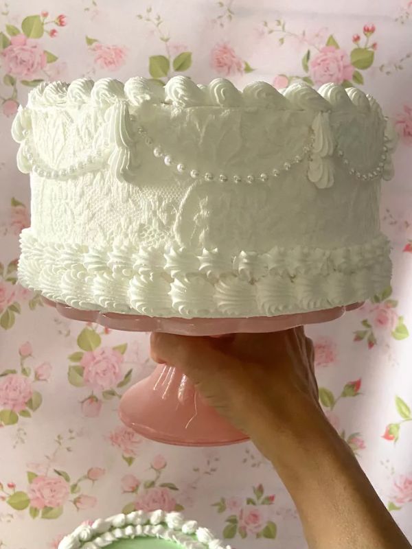 White lace fake cake, white pearls faux cake, 8 inch white cake, white display cake