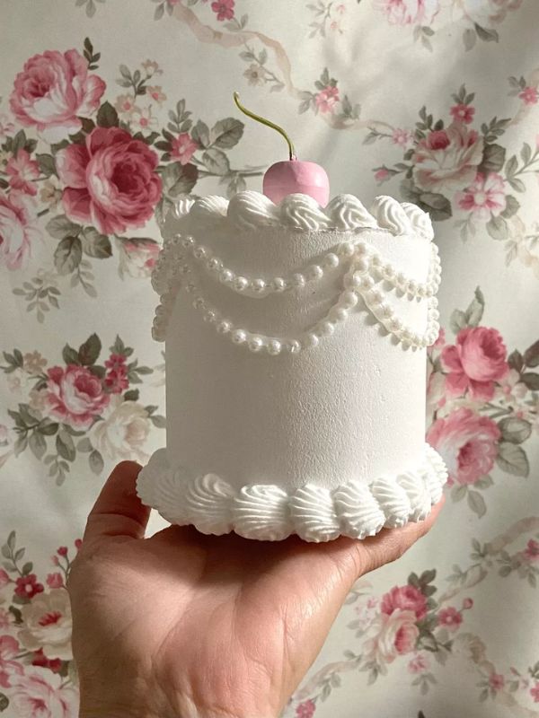 White fake cake, 4 inch faux cake, white pearls, pink cherry