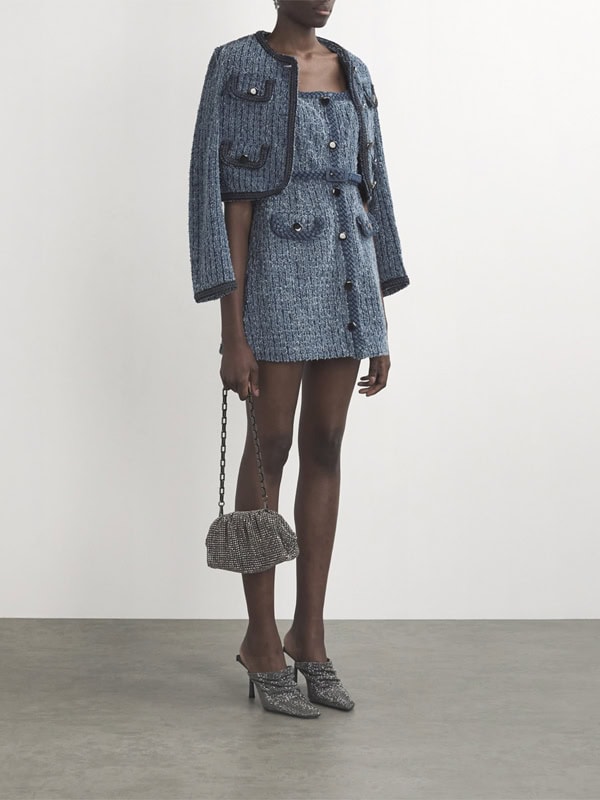 Self-Portrait Textured Denim Belted A-Line Mini Dress