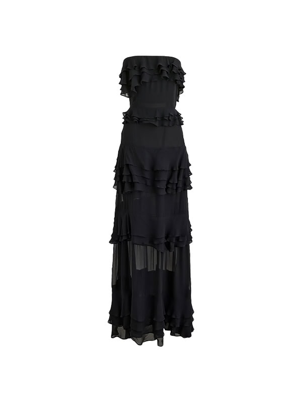 black ruffle maxi dress for wedding guest