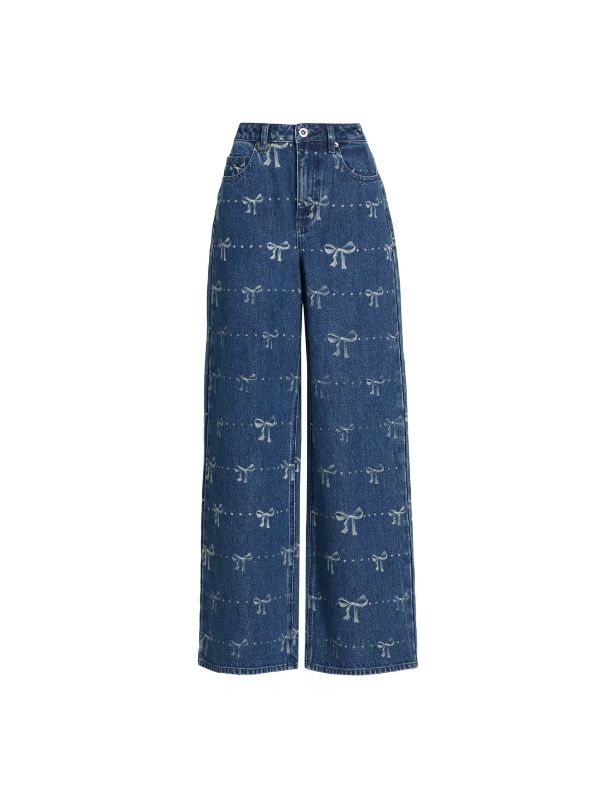 wide leg denim with bow print from self portrait