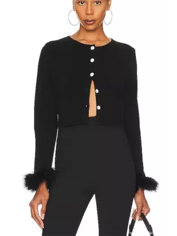 black cardigan with removable feather cuffs