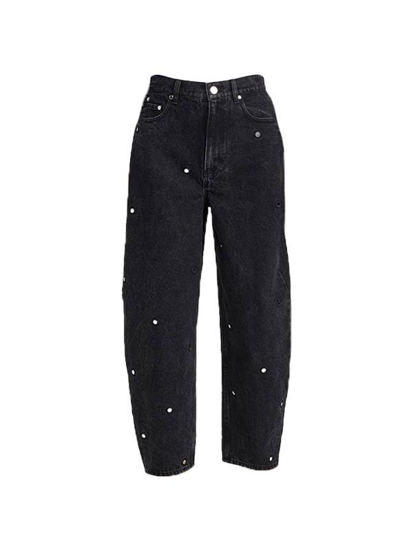 black barrel jean with white flecks