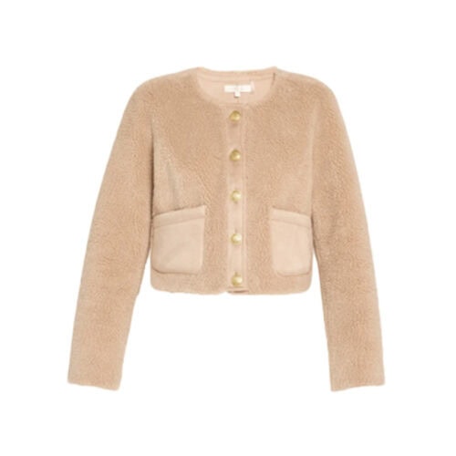 teddy jacket in tan with gold buttons