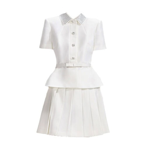 white pleated button up dress