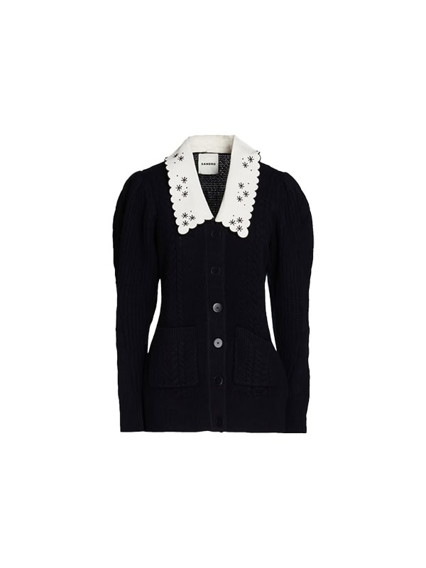 SANDRO Crepe de chine-trimmed cable-knit wool cardigan