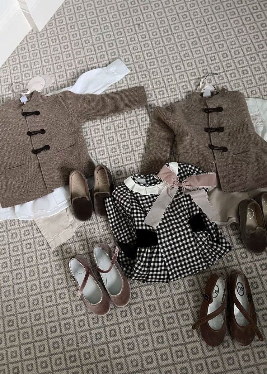 coordinating fall family photo outfits with tweed and velvet for little boys and girls