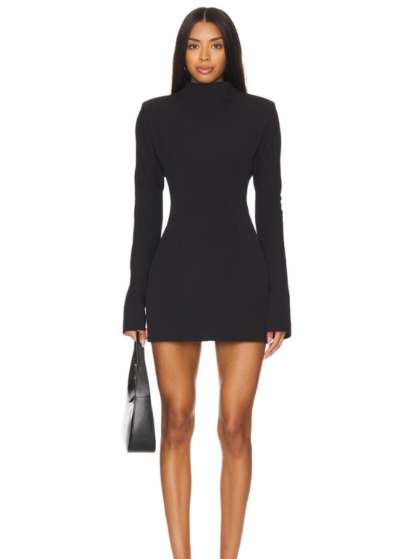 Wool Contoured Turtleneck Long Sleeve Black Mini Dress