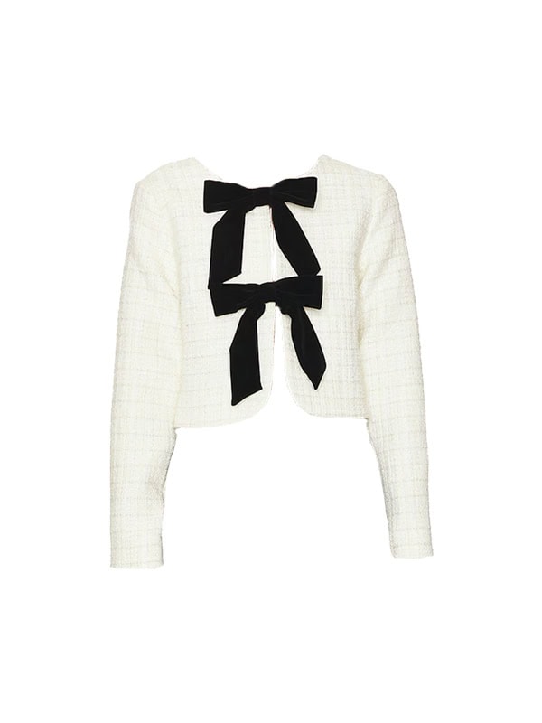 white tweed lady jacket with black bows