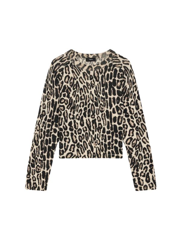 Theory Cropped Leopard Print Sweater in Merino Wool