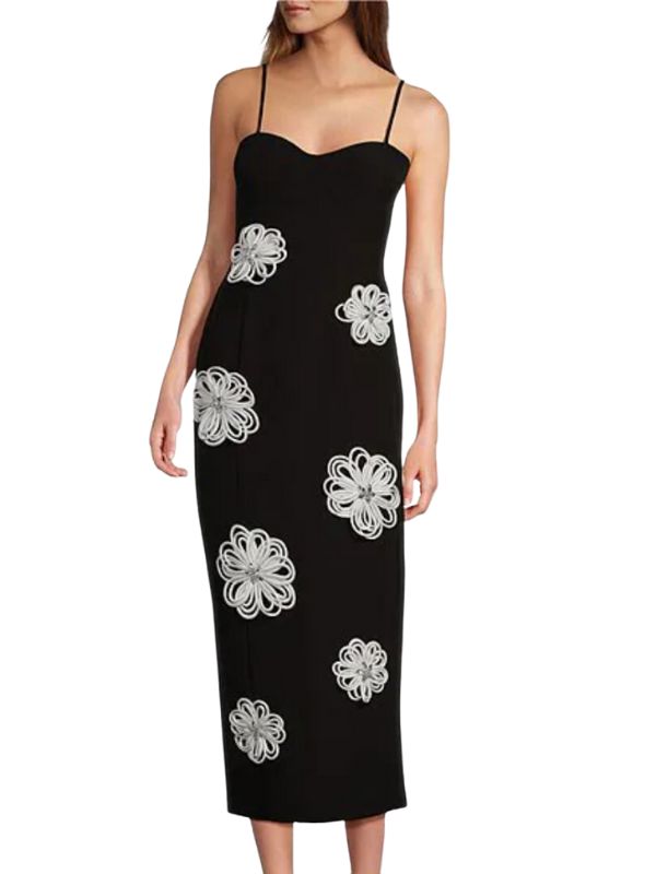 Black and White Jolie Stretch Crepe Sweetheart Neck Floral Applique A-Line Dress