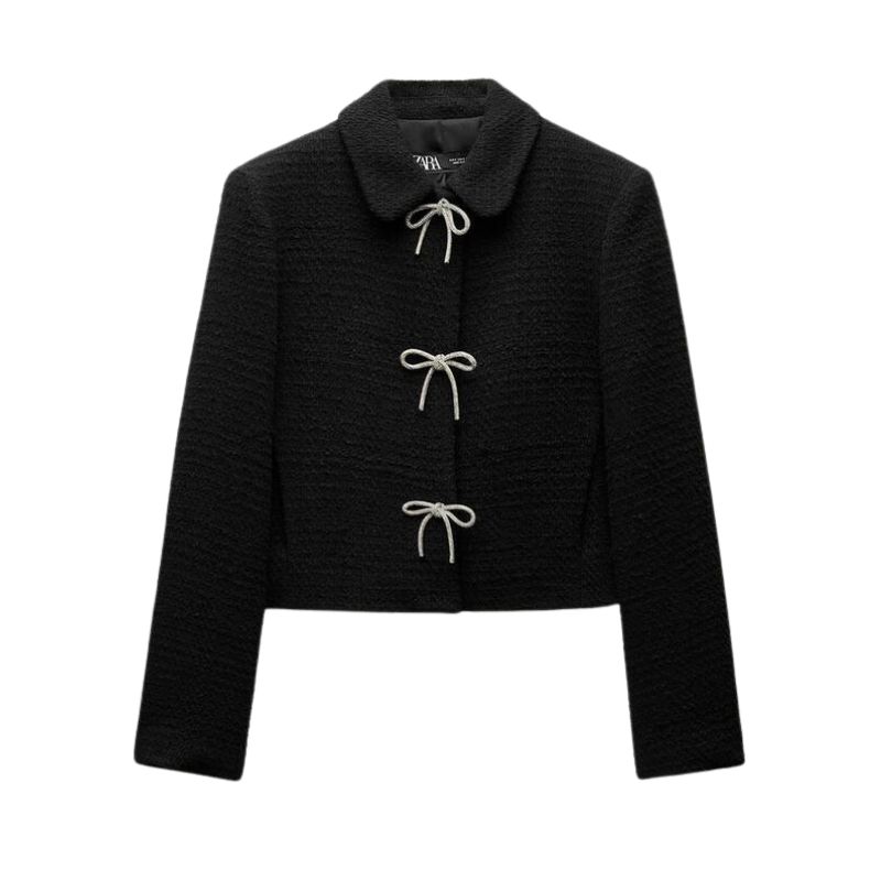 Black Zara BOW BUTTON TEXTURED JACKET