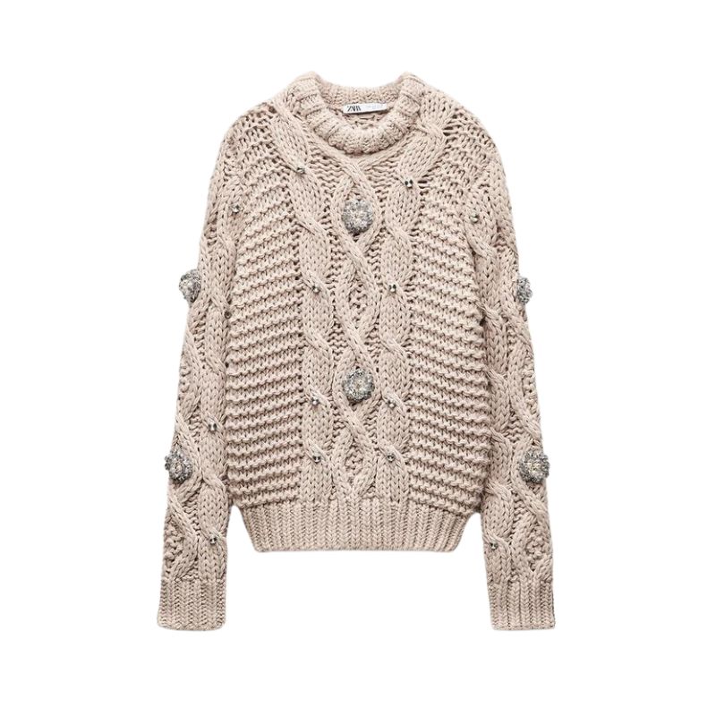 Zara cream JEWEL BEADED KNIT SWEATER