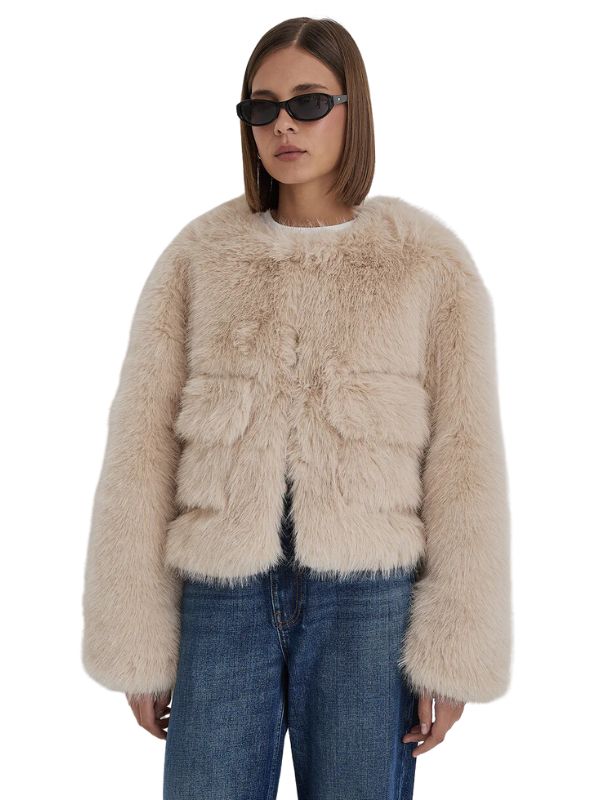 Beige Faux Fur Cropped Jacket- Reysha