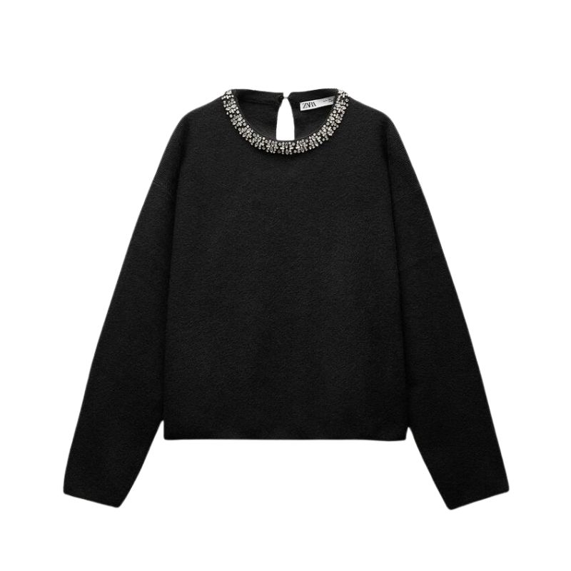 Zara Black JEWEL COLLAR KNIT SWEATER