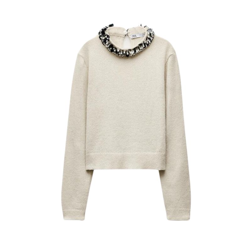 zara cream sweater with jewel beaded collar