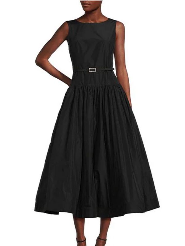 KARL LAGERFELD PARIS Taffeta Round Neck Sleeveless Drop Waist Belted Dress