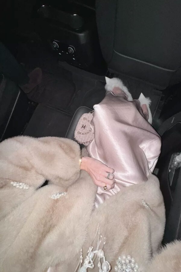 satin pink dress and faux fur jacket