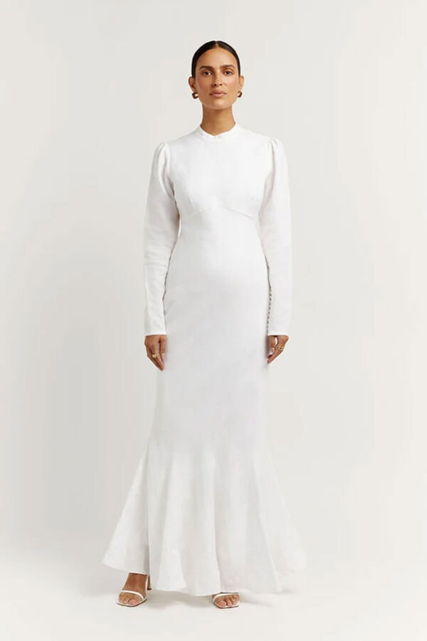 AISLE WHITE LINEN SLEEVE MIDI DRESS