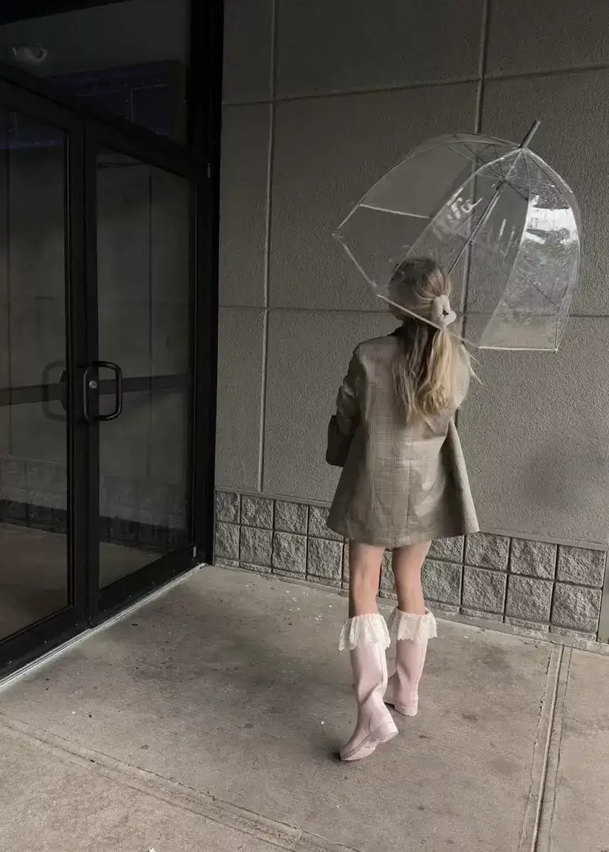 Fall outfit with pink lace rain boots and barn jacket clear umbrella