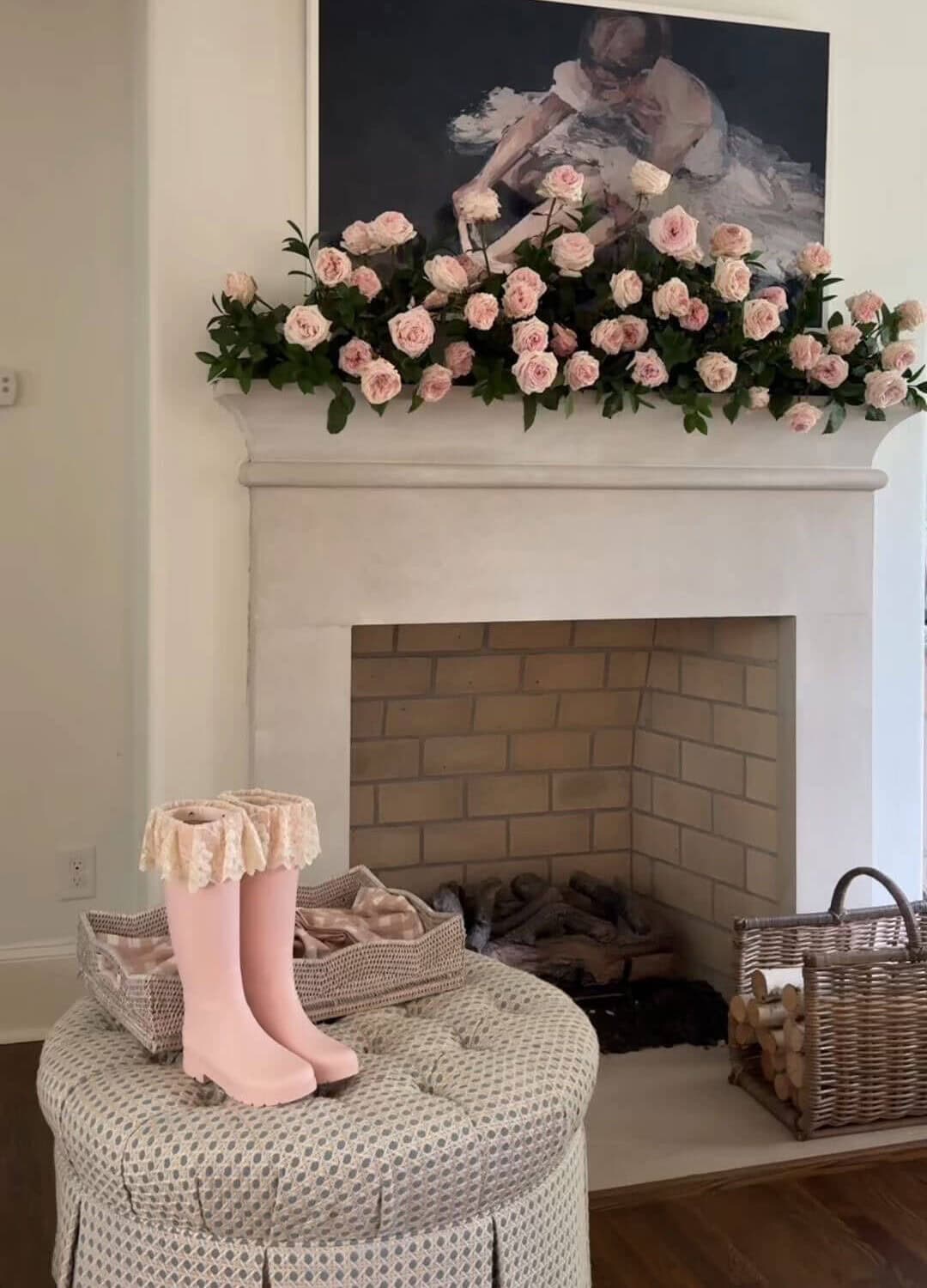 pink rain boots with lace and garden roses on mantel