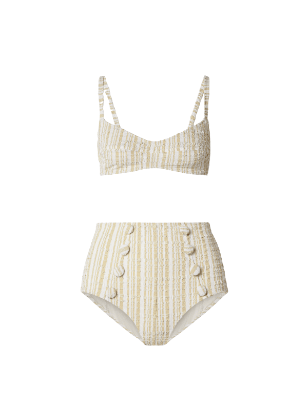 LISA MARIE FERNANDEZ Button-embellished striped seersucker bikini $395