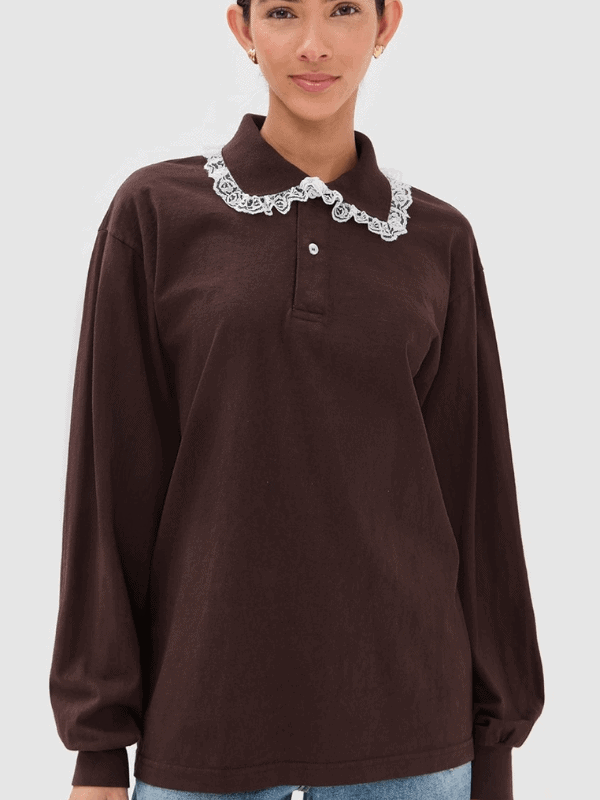 brown shirt with ruffle lace collar