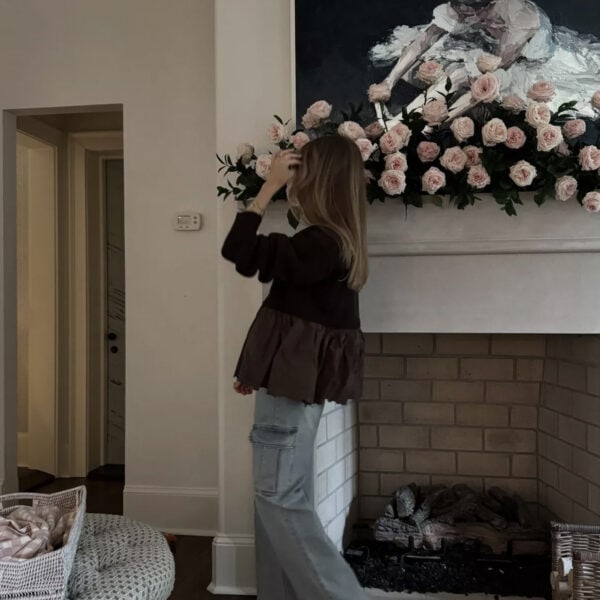 Emily fall outfit with brown top and cargo wide leg jeans