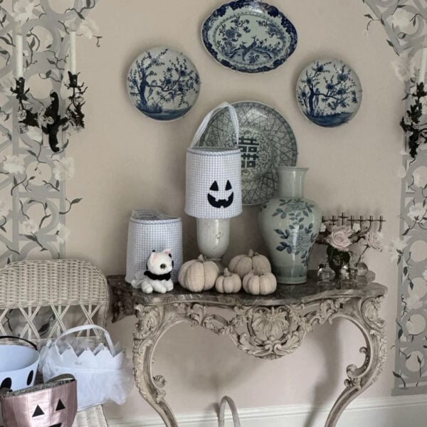 Grandmillennial pastel halloween decor with light blue and pink