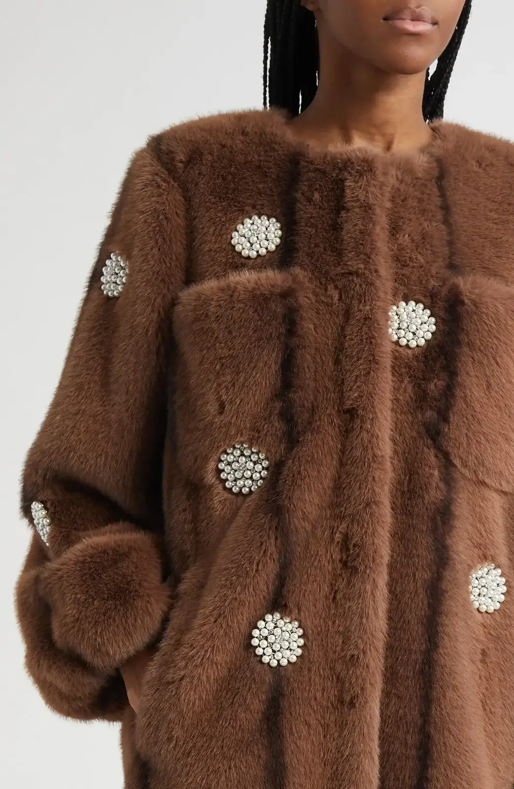 faux pearl crystal detail faux fur coat