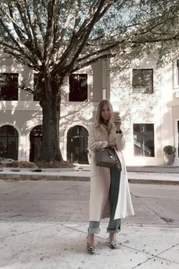 Emily's fall outfit with long trench coat