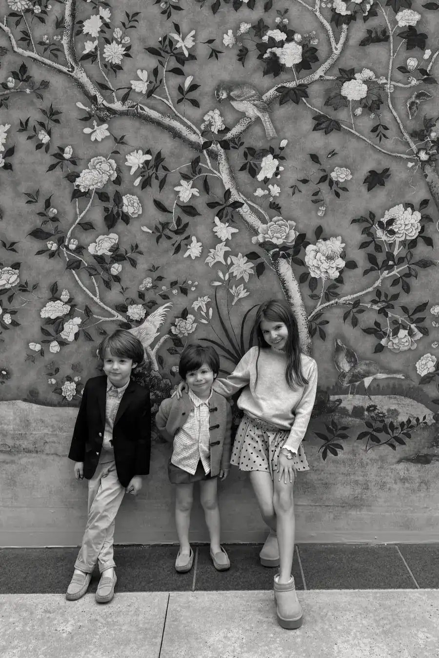 Black & White portrait of Emily Hertz kids in classic children's fashion for holiday card photo 2025