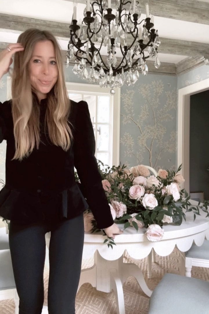 Emily in peplum jacket sharing gift ideas