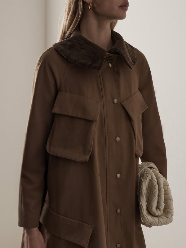 long barn jacket with oversized pockets and collar