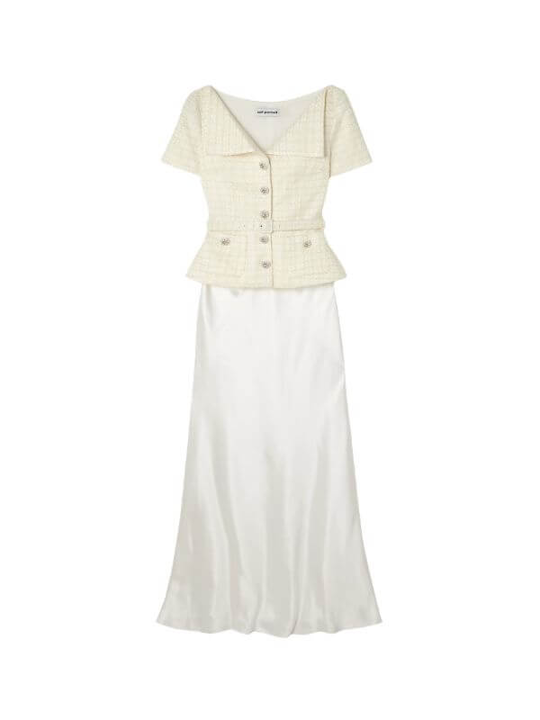 SELF-PORTRAIT Belted embellished bouclé and satin maxi dress