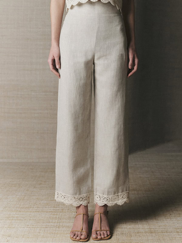 womens ivory linen trousers with crochet lace detail