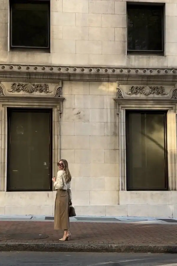 Emily 70s inspired OOTD with Celine sunglasses - in front of old building