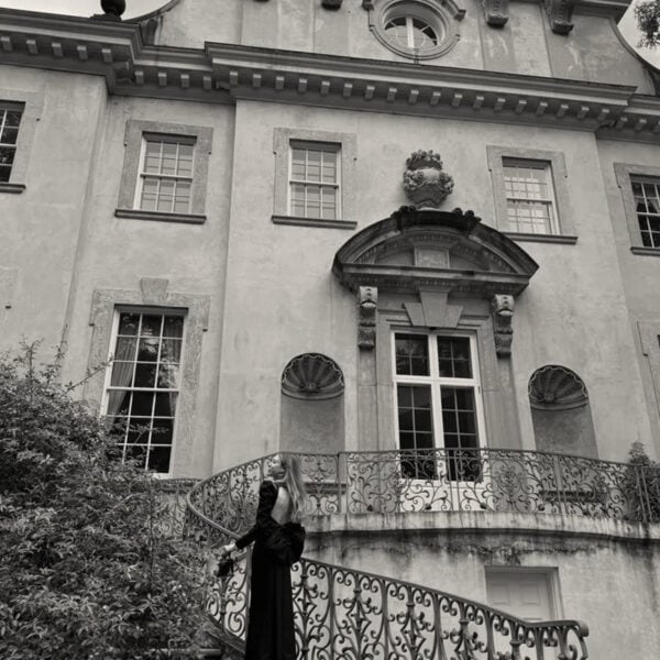 emily in black formal gown at swan house atlanta