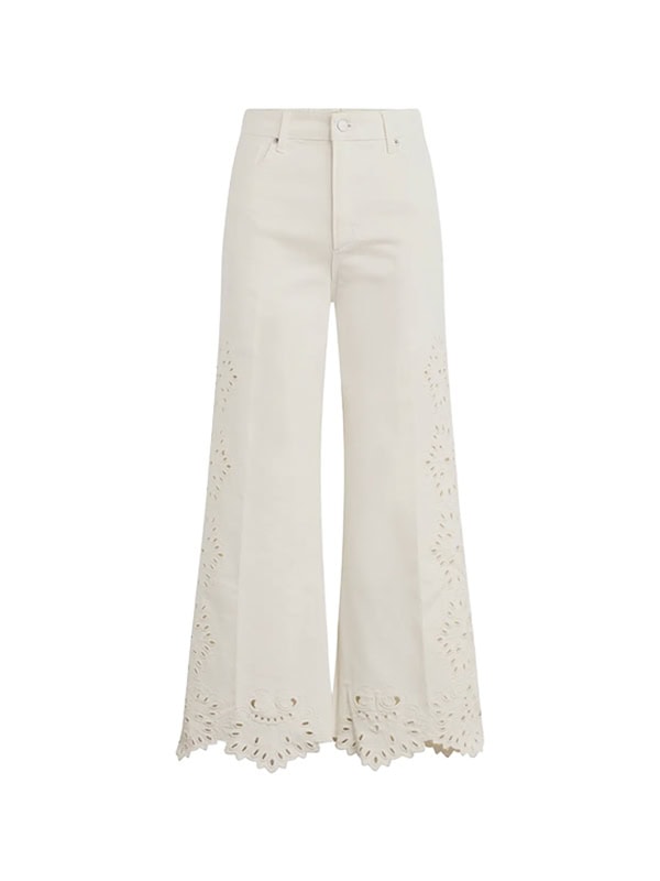 scalloped wide leg denim jeans with embroidery print